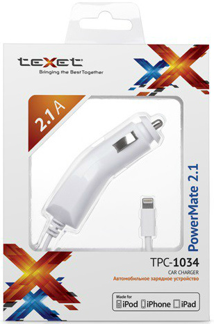 Автомобильное зарядное устройство для телефона teXet Apple MFI 8-pin iPhone 5/6, 2100 mA TPC-1034